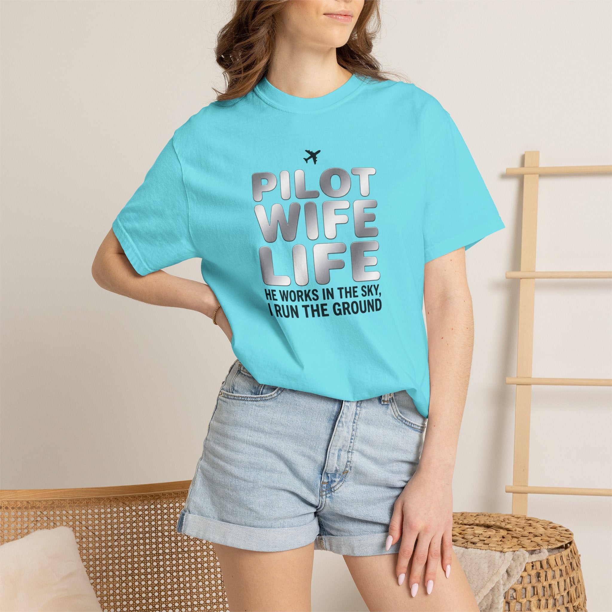 Pilot Wife Life T-Shirt — "He Works in the Sky, I Run the Ground"