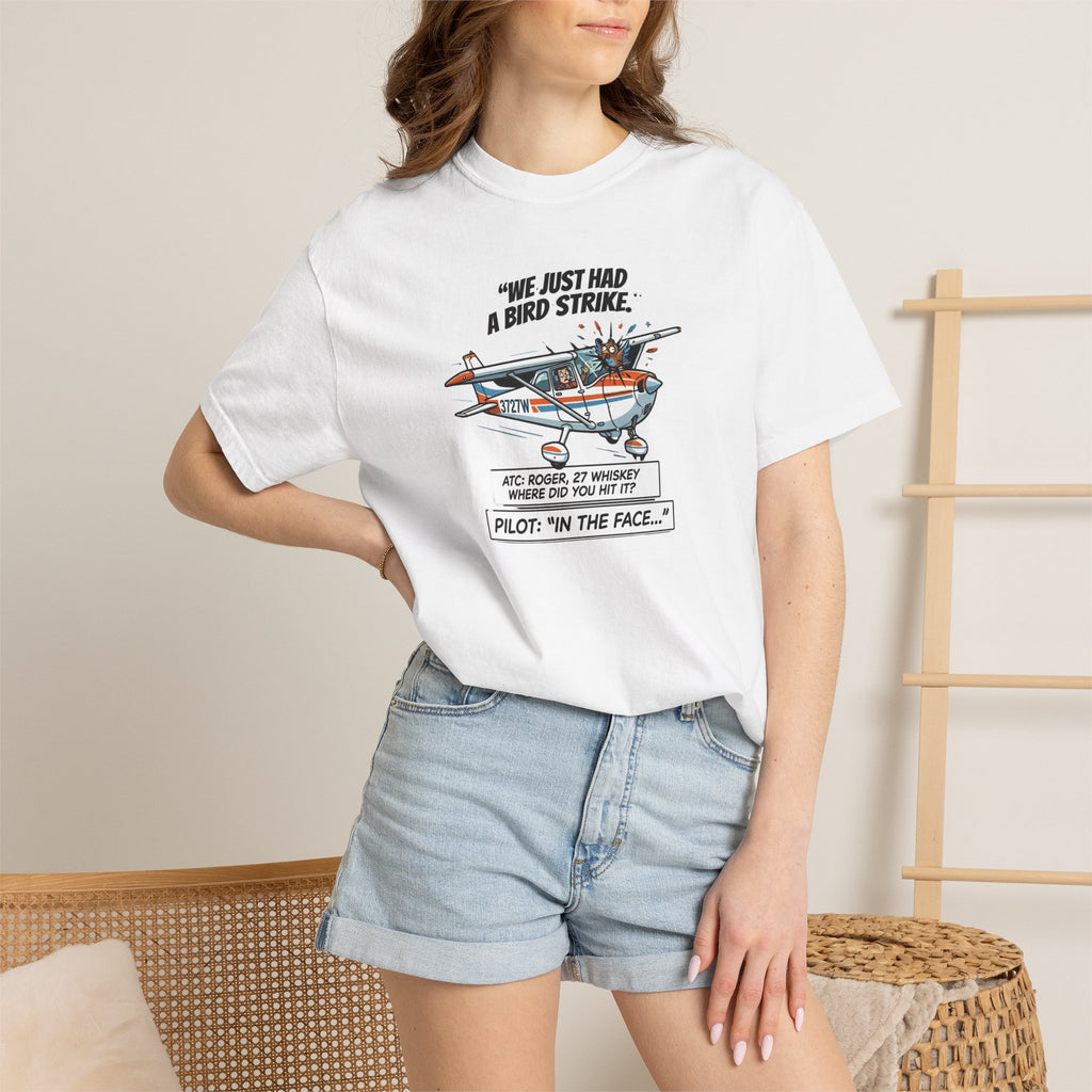 Pilot Bird Strike Comic T-Shirt — Funny Aviation Joke Tee