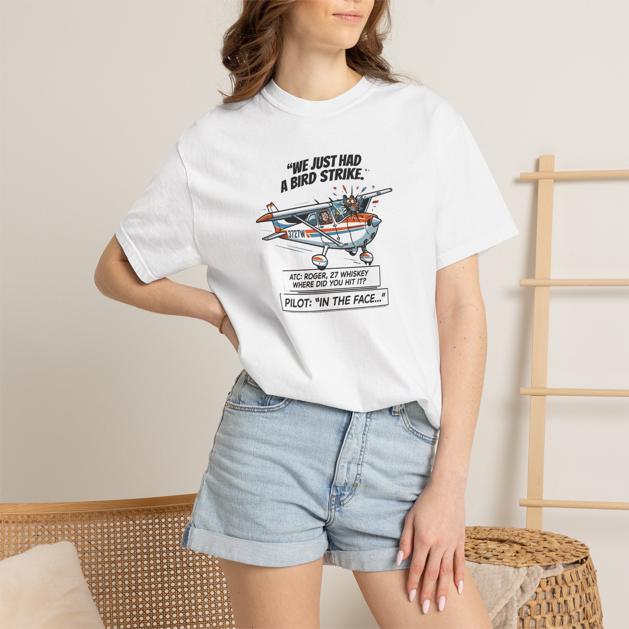 Pilot Bird Strike Comic T-Shirt — Funny Aviation Joke Tee
