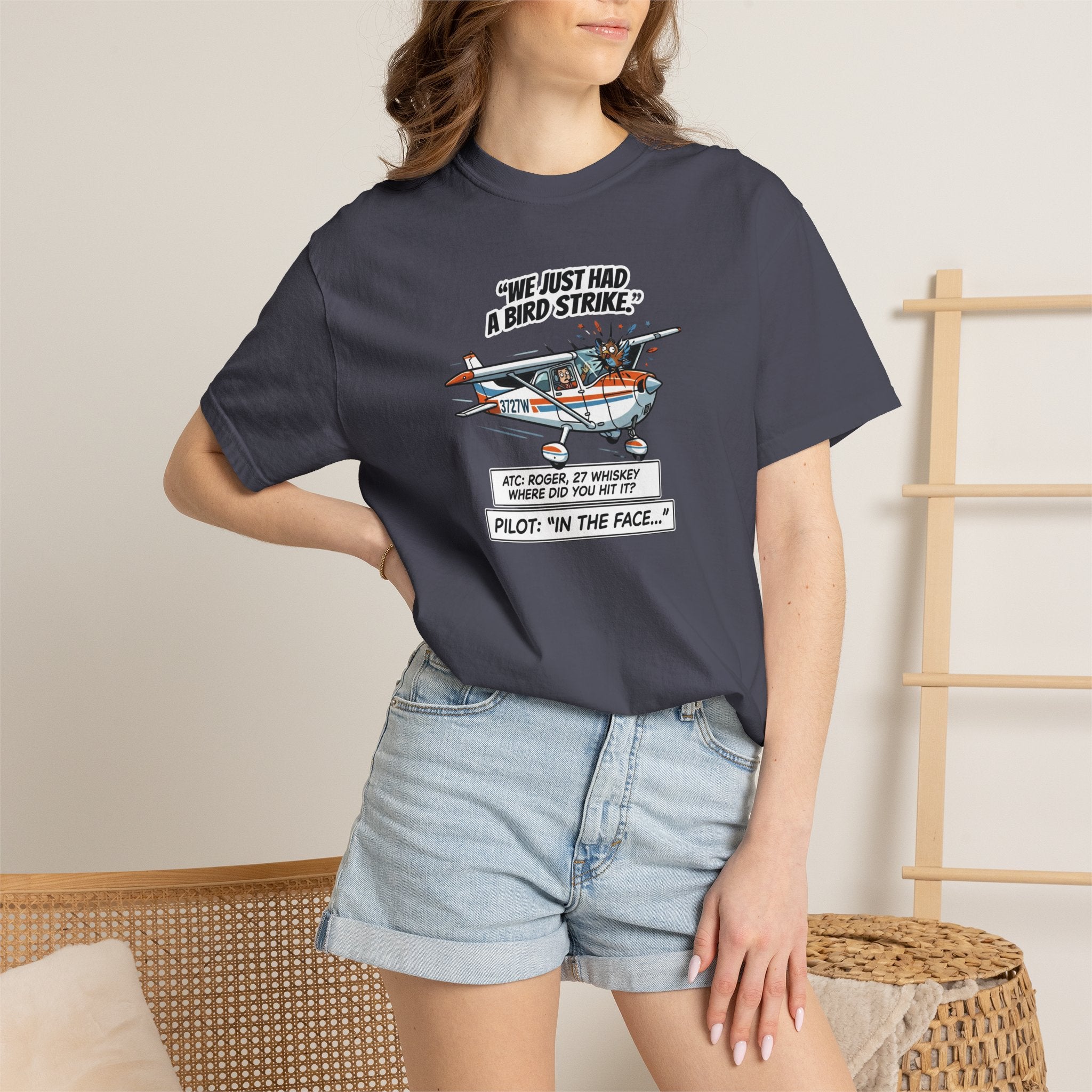 Pilot Bird Strike Comic T-Shirt — Funny Aviation Joke Tee