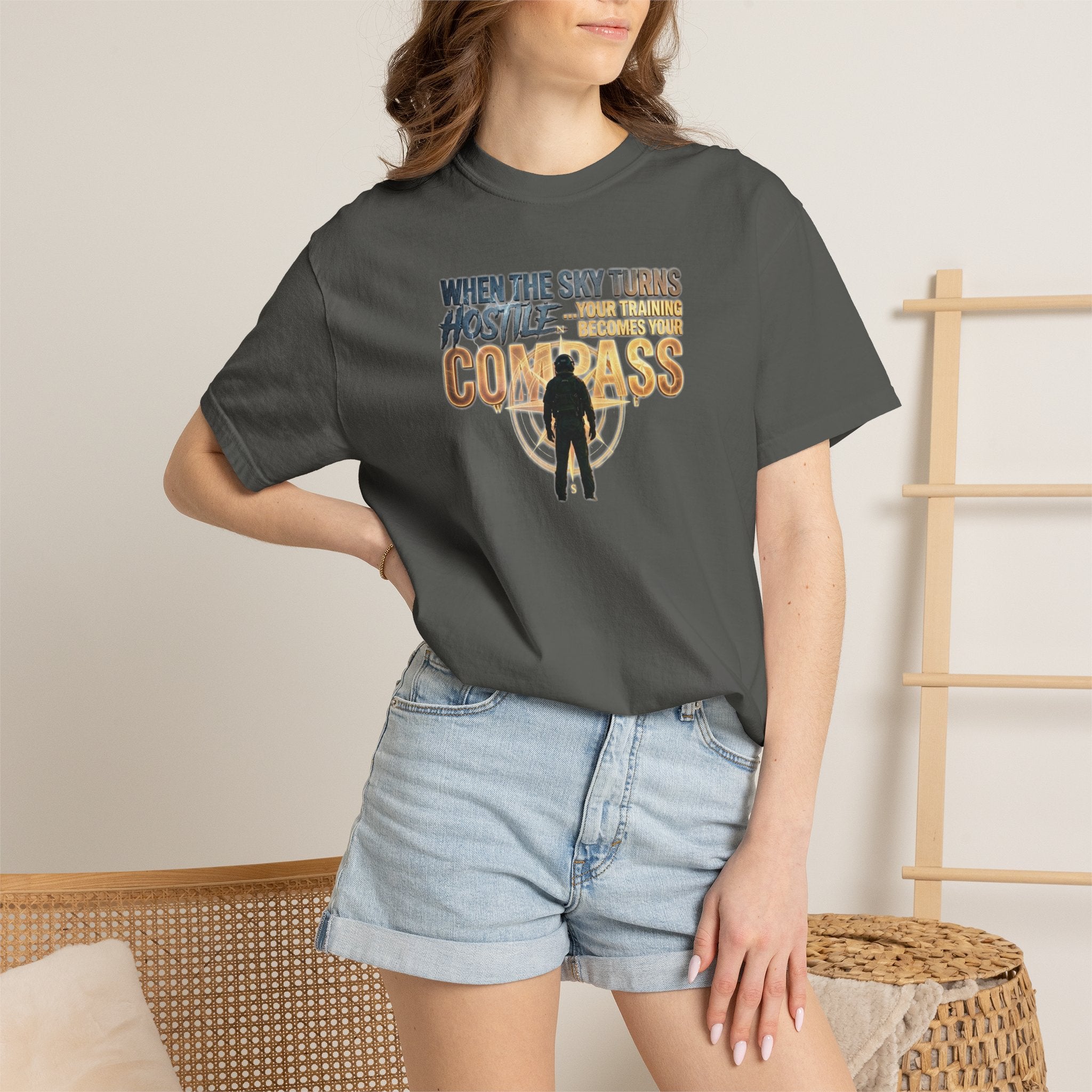 Inspirational Pilot tee - "When the Weather turns Hostile, Your Training is Your Compass"