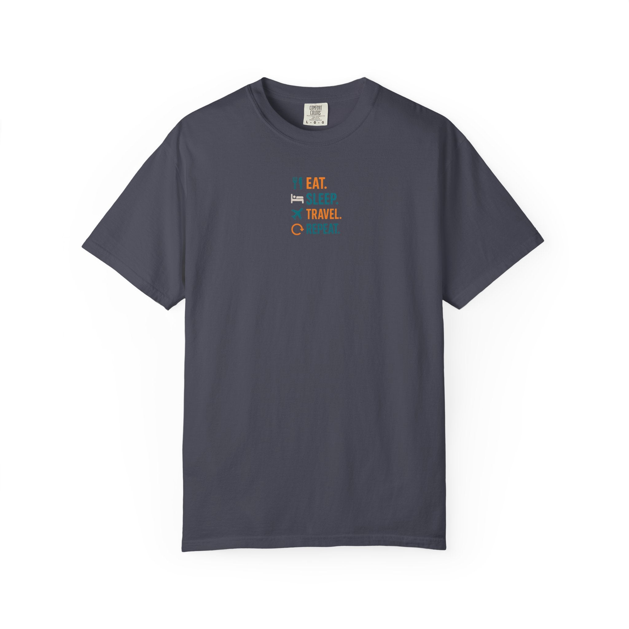 navy blue t-shirt with "Eat. Sleep. Travel. Repeat." text on a white background