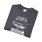 Folded gray t-shirt with graphic design and text on a white background