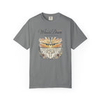 Gray t-shirt with a graphic design and text on a white background