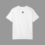 White t-shirt with a logo on the back against a dark background