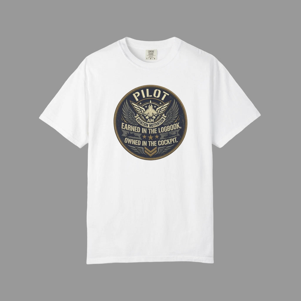 White t-shirt with 'Pilot' graphic design on a grey background