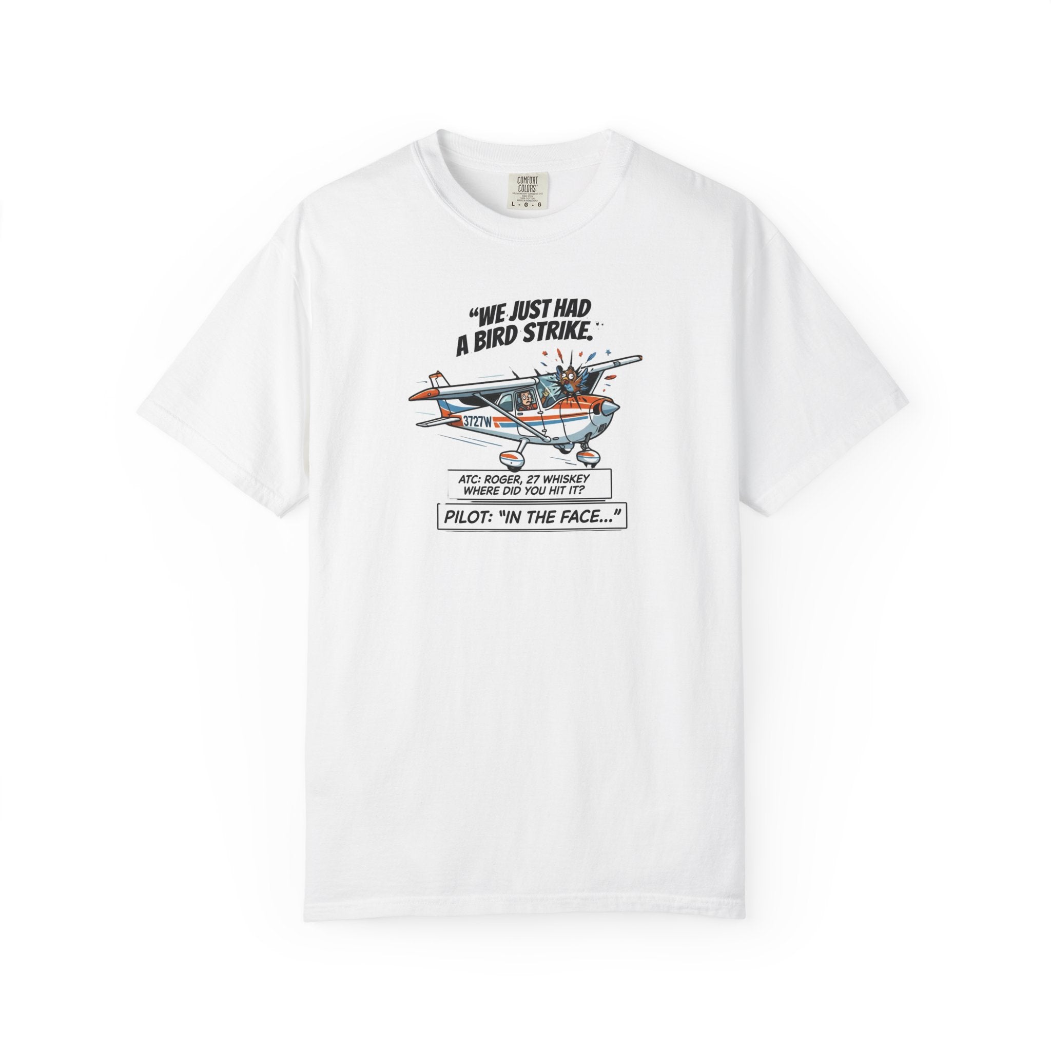 Pilot Bird Strike Comic T-Shirt — Funny Aviation Joke Tee