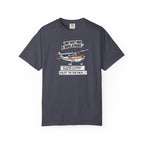 Navy blue t-shirt with airplane bird strike joke graphic on a white background
