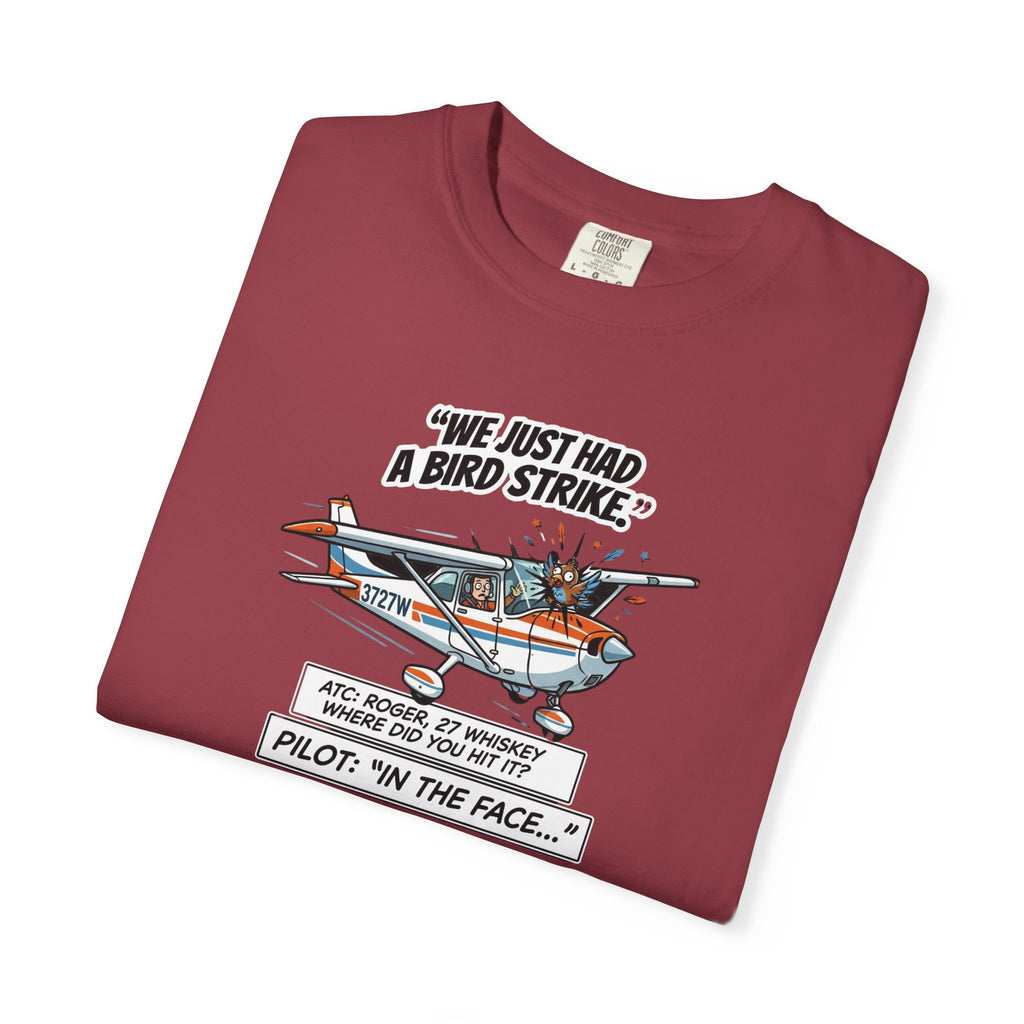 Pilot Bird Strike Comic T-Shirt — Funny Aviation Joke Tee