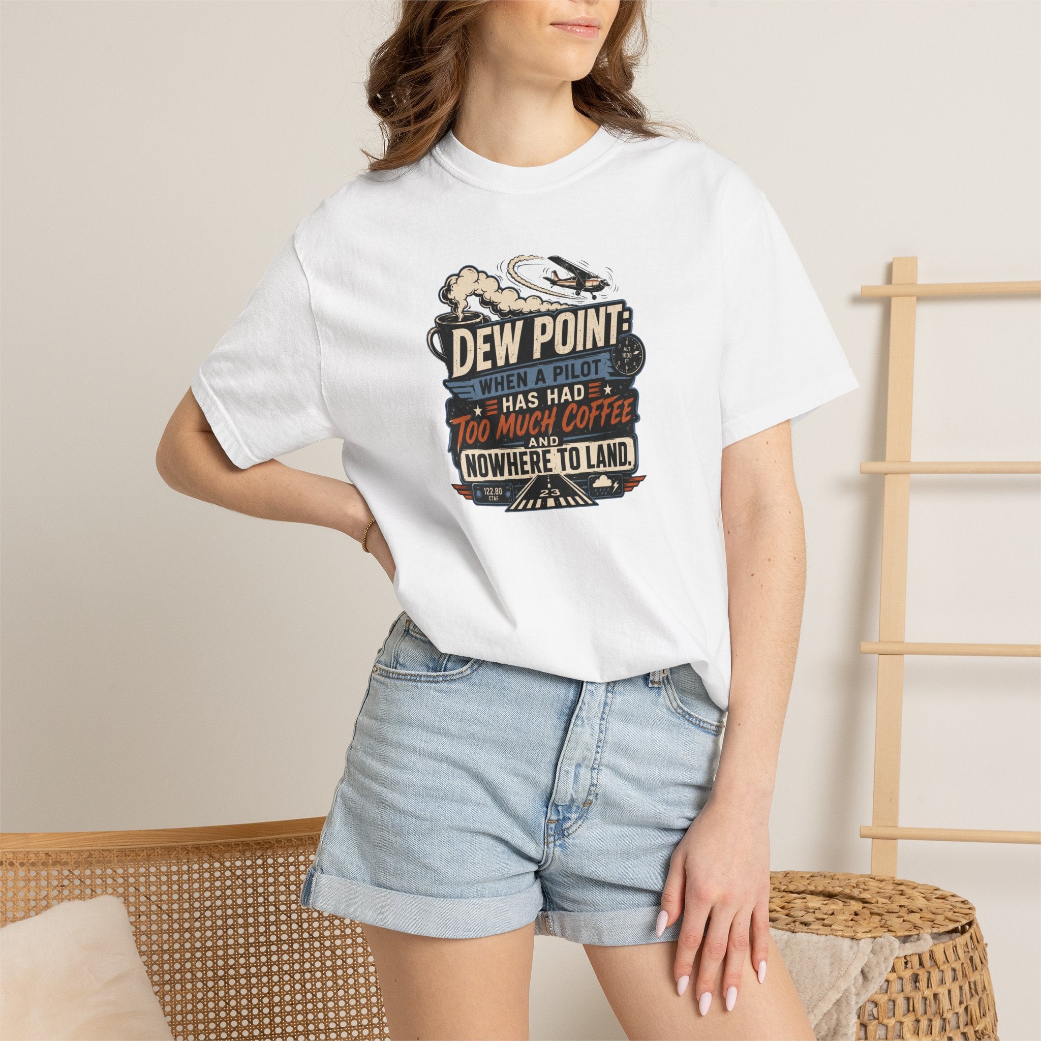 Funny Aviation T‑Shirt — "Dew Point: When a Pilot Has Had Too Much Coffee and Nowhere to Land"