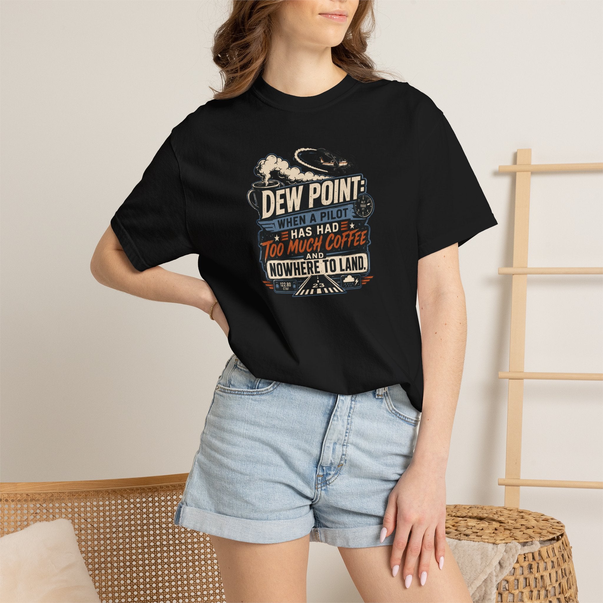 Funny Aviation T‑Shirt — "Dew Point: When a Pilot Has Had Too Much Coffee and Nowhere to Land"