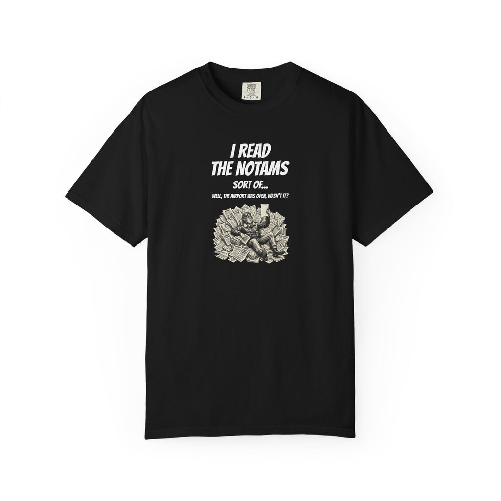 Black t-shirt with white text and pilot graphic on a white background