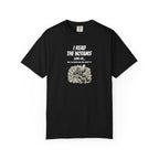 Black t-shirt with white text and pilot graphic on a white background