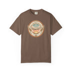 Brown t-shirt with a graphic design on a white background