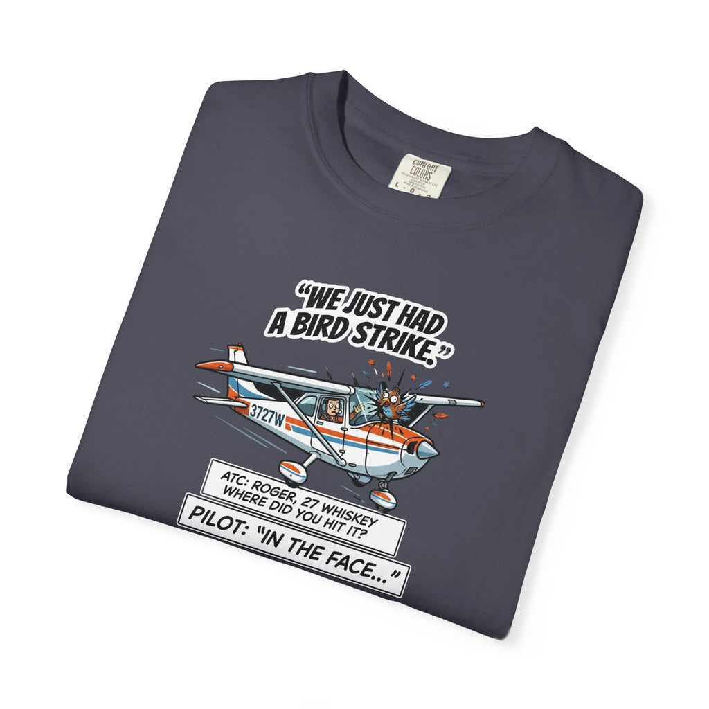 Pilot Bird Strike Comic T-Shirt — Funny Aviation Joke Tee