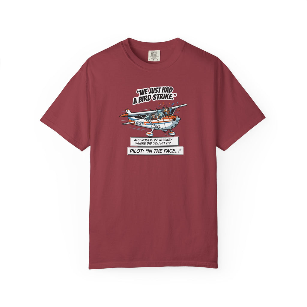 Pilot Bird Strike Comic T-Shirt — Funny Aviation Joke Tee