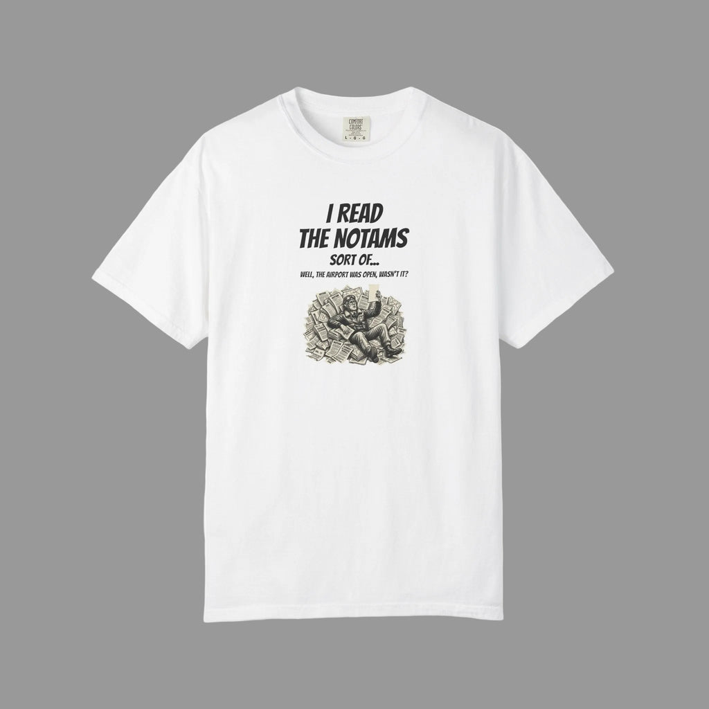 White t-shirt with black text and design on a shade background