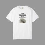 White t-shirt with black text and design on a shade background