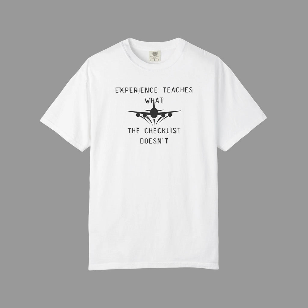 White t-shirt with black text and graphic on a white background