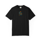Black t-shirt with a "Eat. Sleep. Travel. Repeat." text logo on the chest against a white background