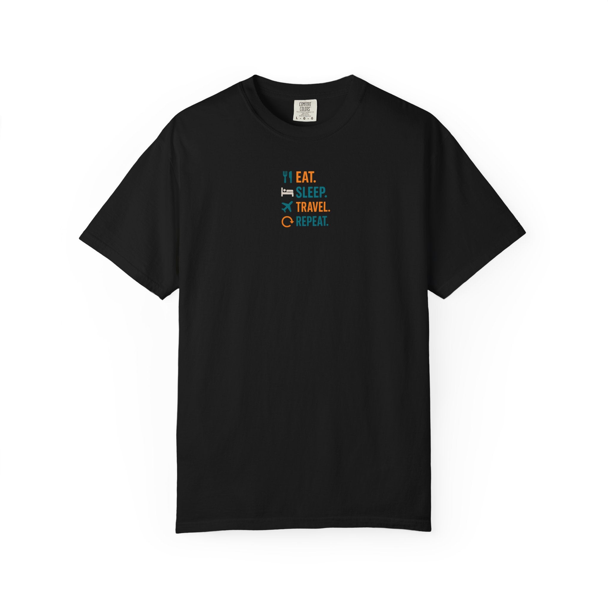 Black t-shirt with a "Eat. Sleep. Travel. Repeat." text logo on the chest against a white background