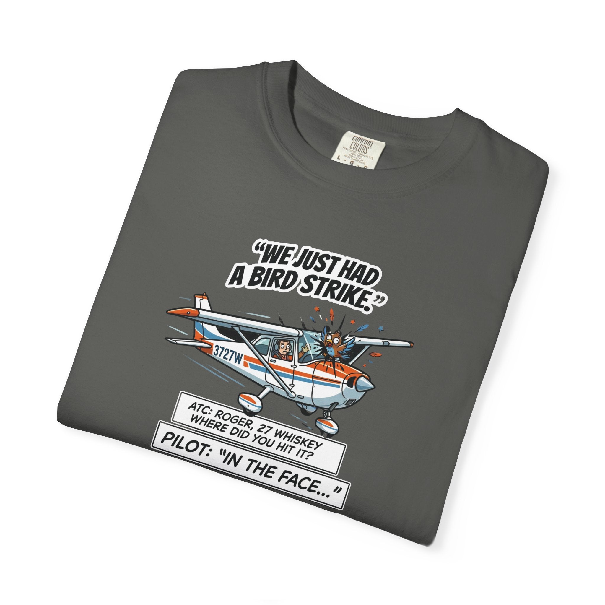 Pilot Bird Strike Comic T-Shirt — Funny Aviation Joke Tee