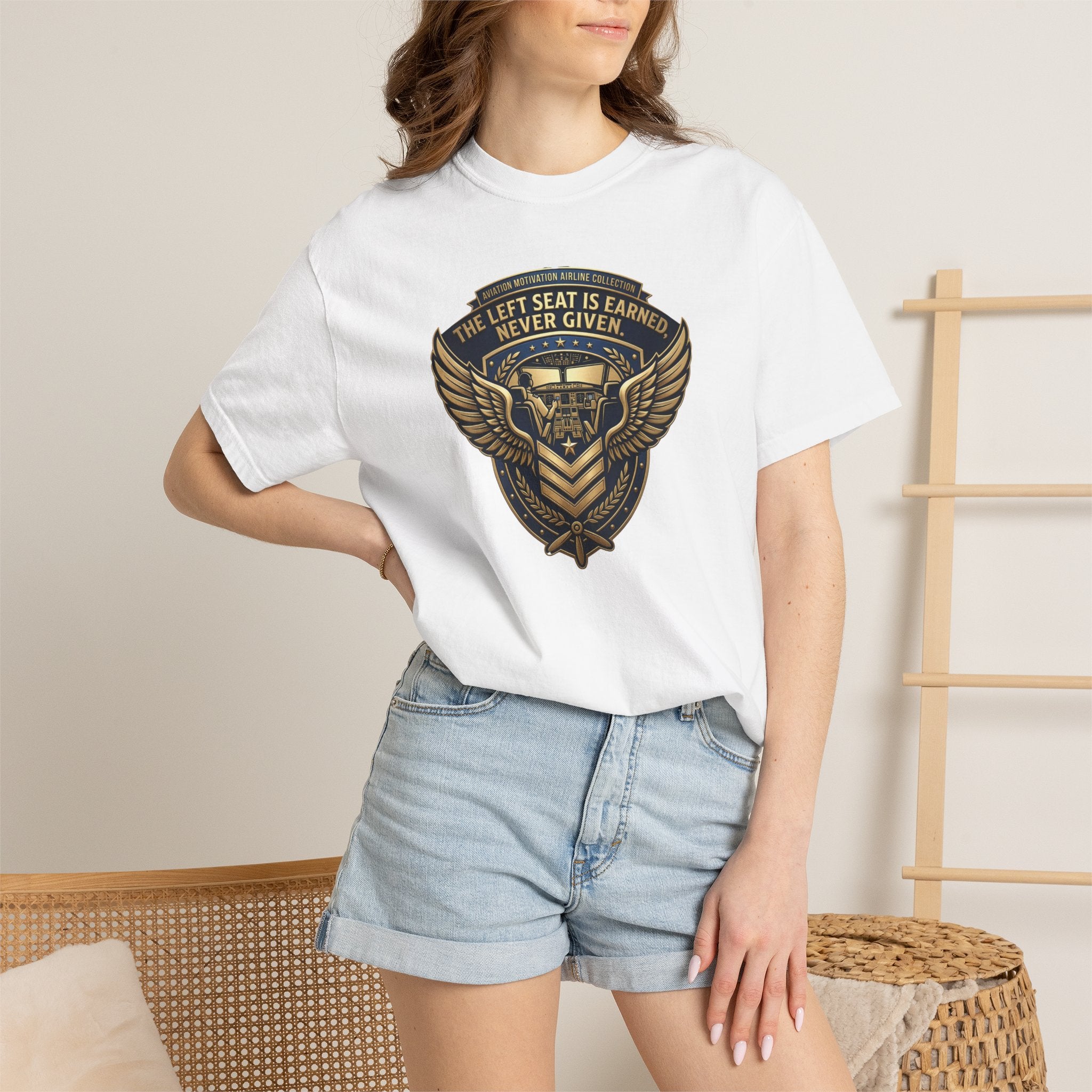 Pilot T-Shirt — "The Left Seat Is Always Earned, Never Given" Inspirational Airline Captain Tee