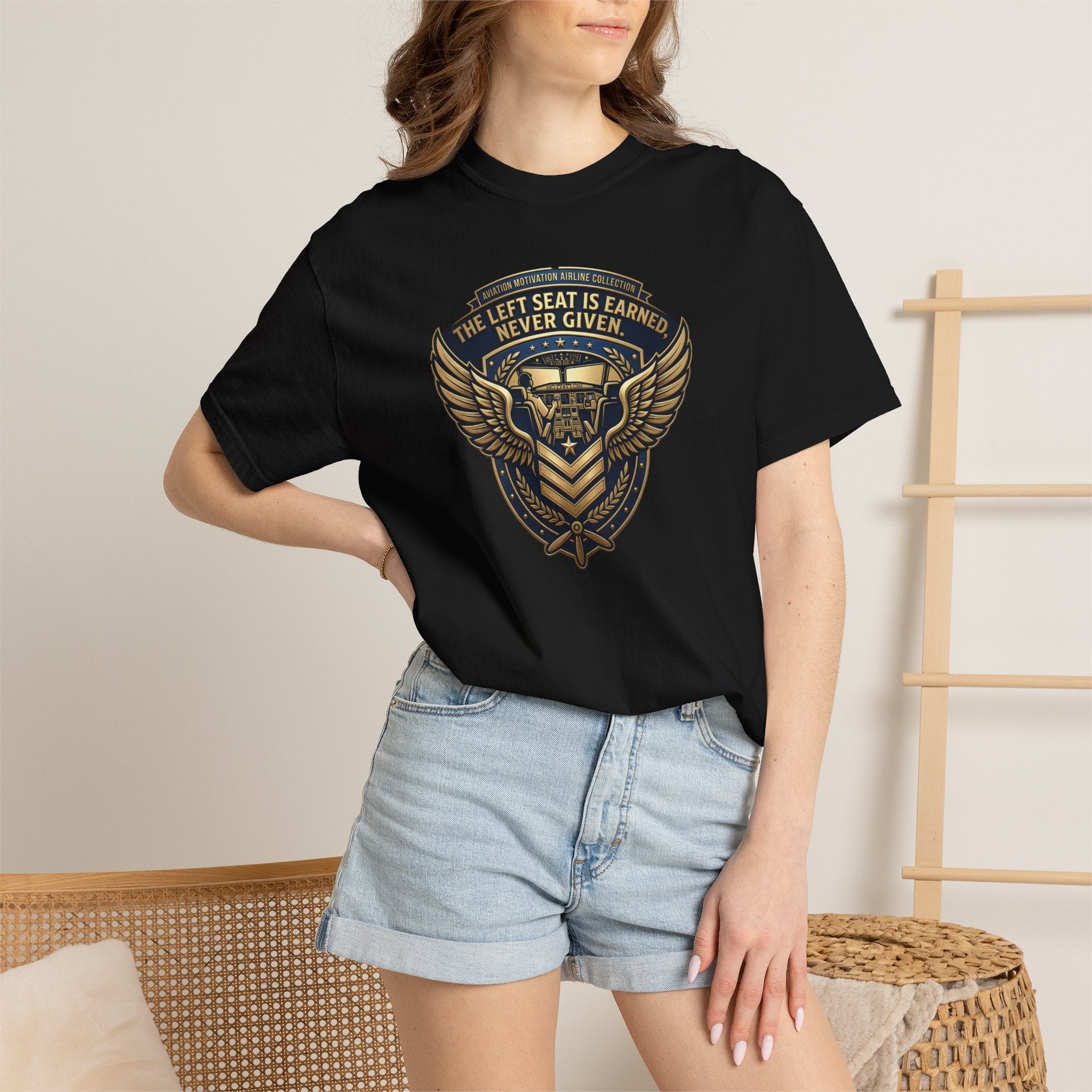 Pilot T-Shirt — "The Left Seat Is Always Earned, Never Given" Inspirational Airline Captain Tee
