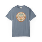 Blue t-shirt with a graphic design on a white background