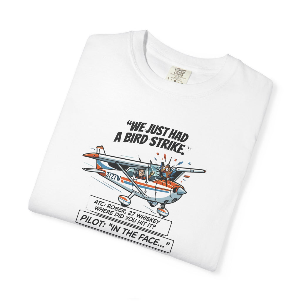 Pilot Bird Strike Comic T-Shirt — Funny Aviation Joke Tee