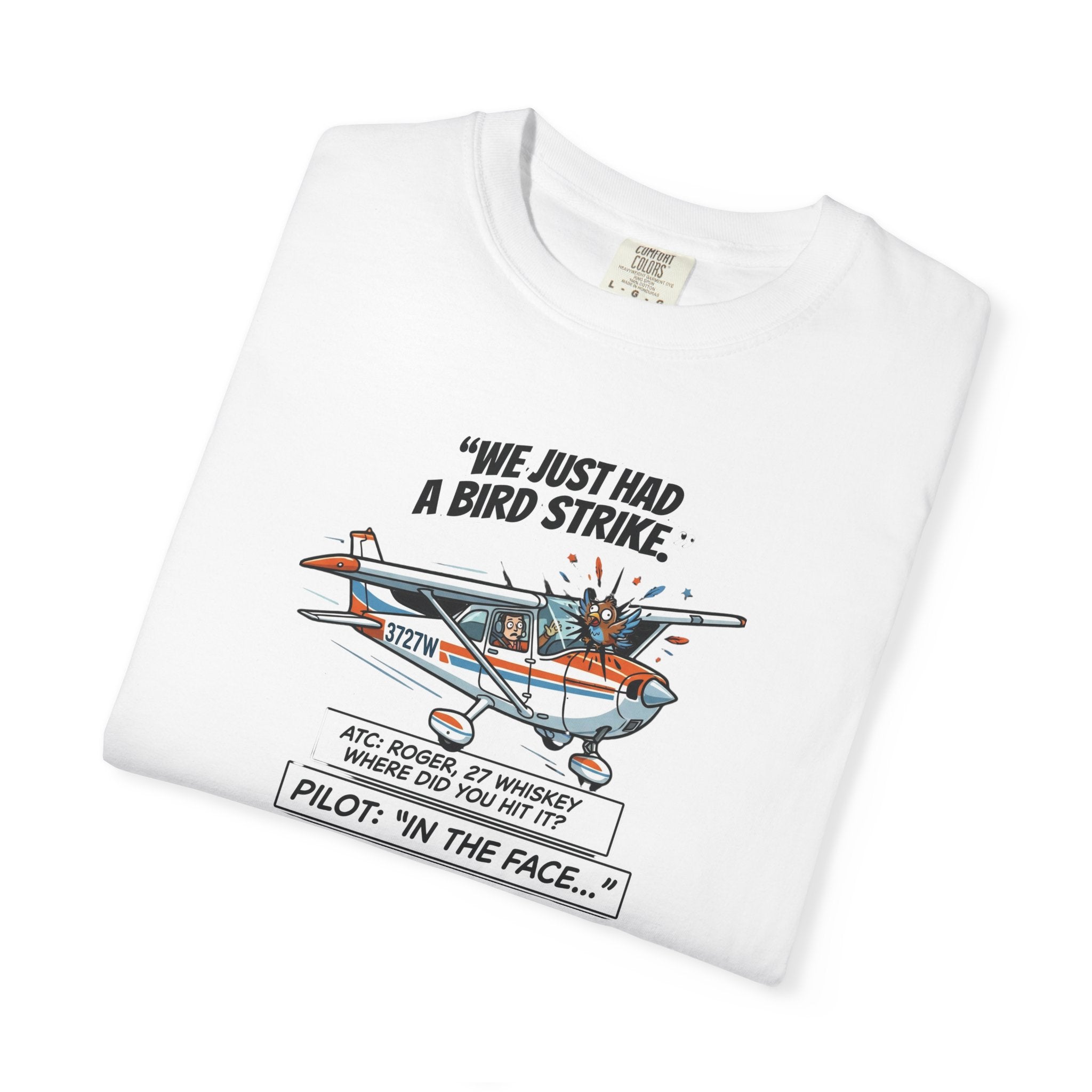 Pilot Bird Strike Comic T-Shirt — Funny Aviation Joke Tee