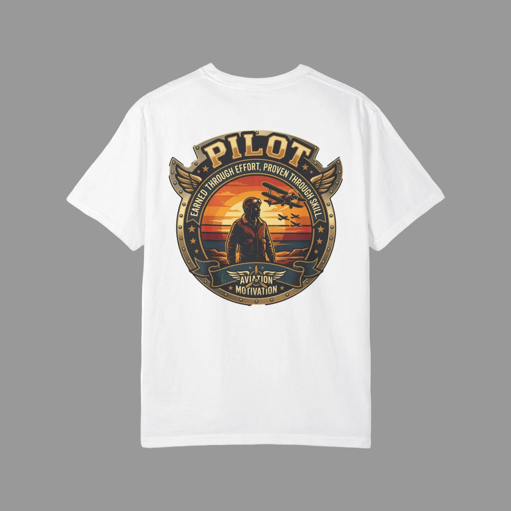White t-shirt with a 'Pilot' graphic design on the back against a white background