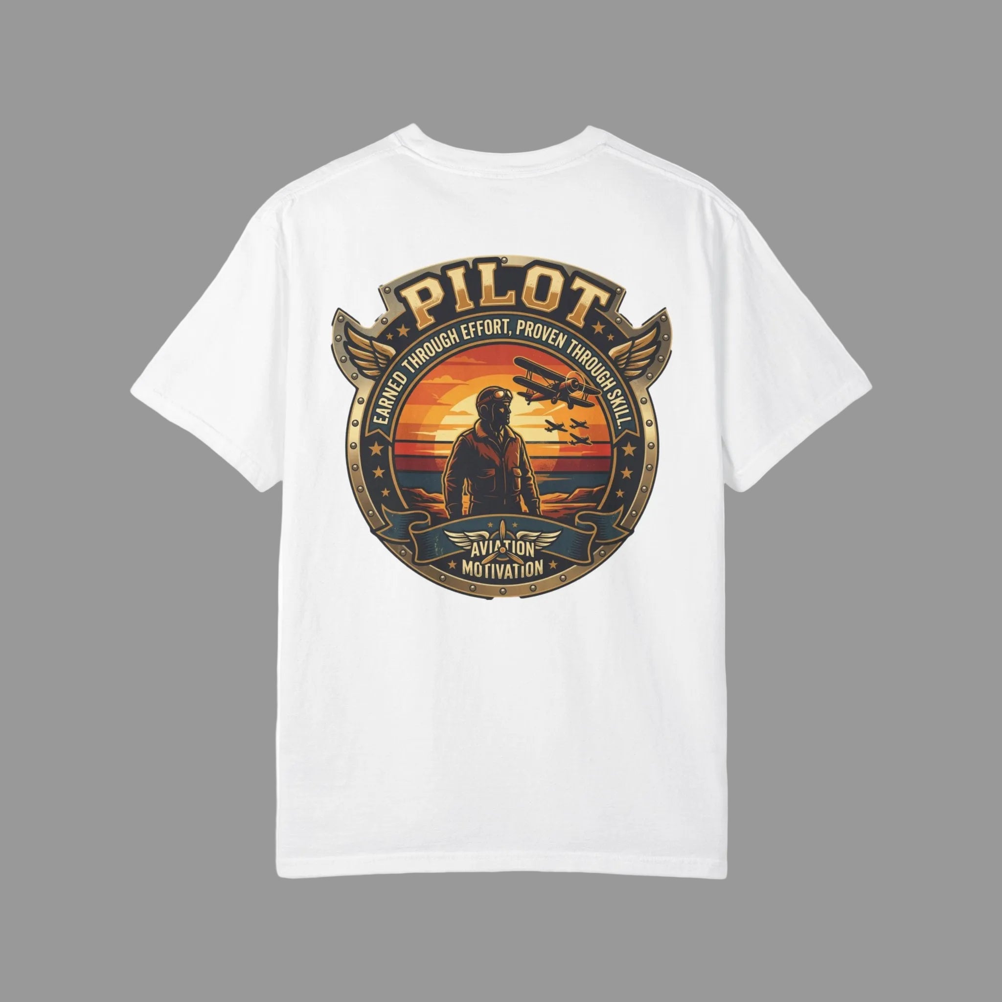 White t-shirt with a 'Pilot' graphic design on the back against a white background