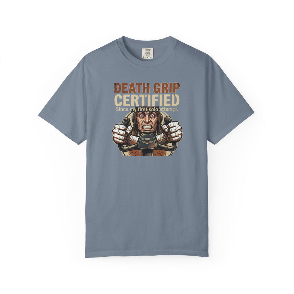 Gray t-shirt with a stressed pilot graphic on a white background