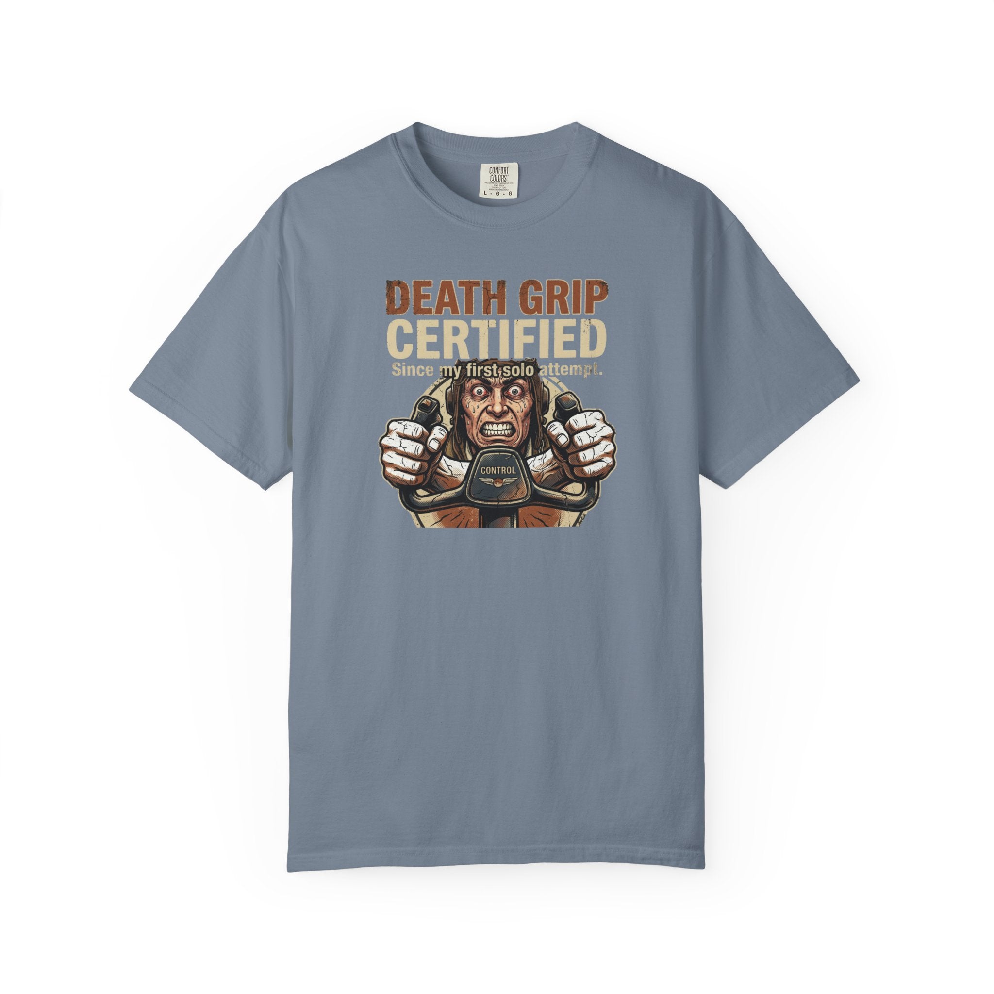 Gray t-shirt with a stressed pilot graphic on a white background