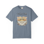 Blue t-shirt with graphic design and text on a white background