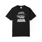 Black t-shirt with bird strike joke design on a white background