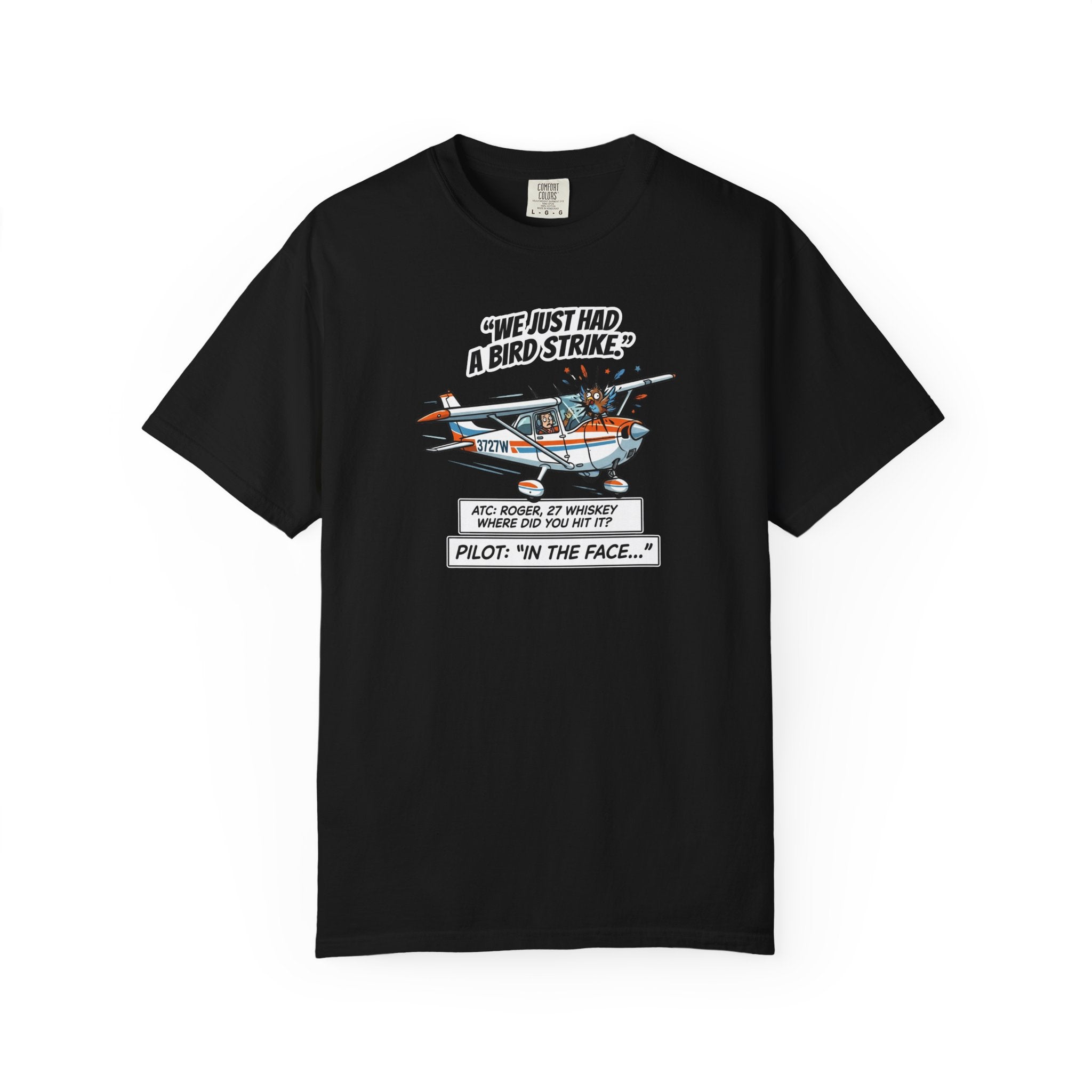 Black t-shirt with bird strike joke design on a white background