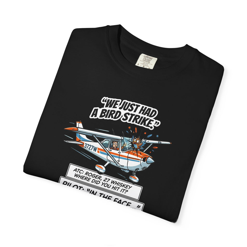 Black t-shirt with airplane graphic and humorous text on a white background