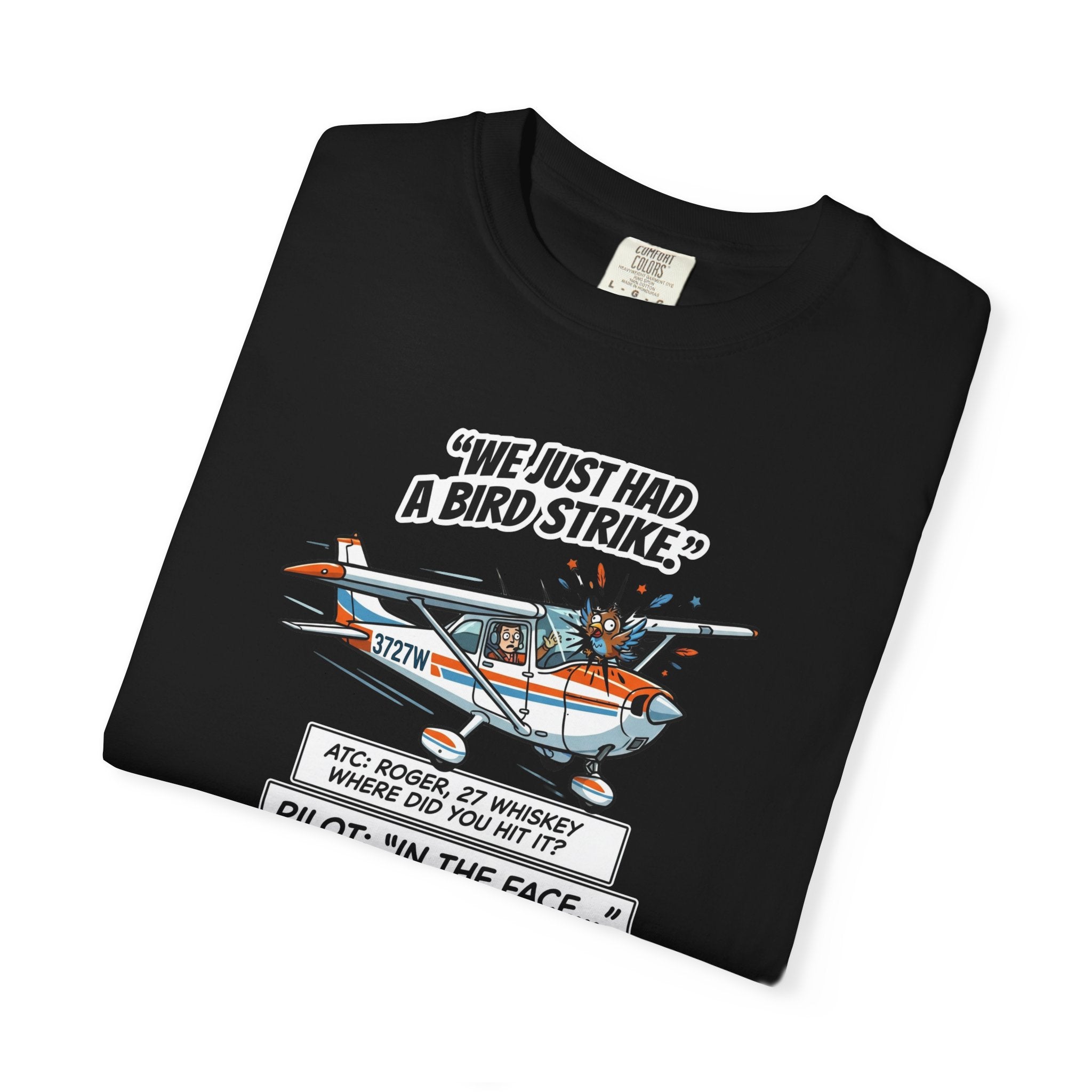 Black t-shirt with airplane graphic and humorous text on a white background