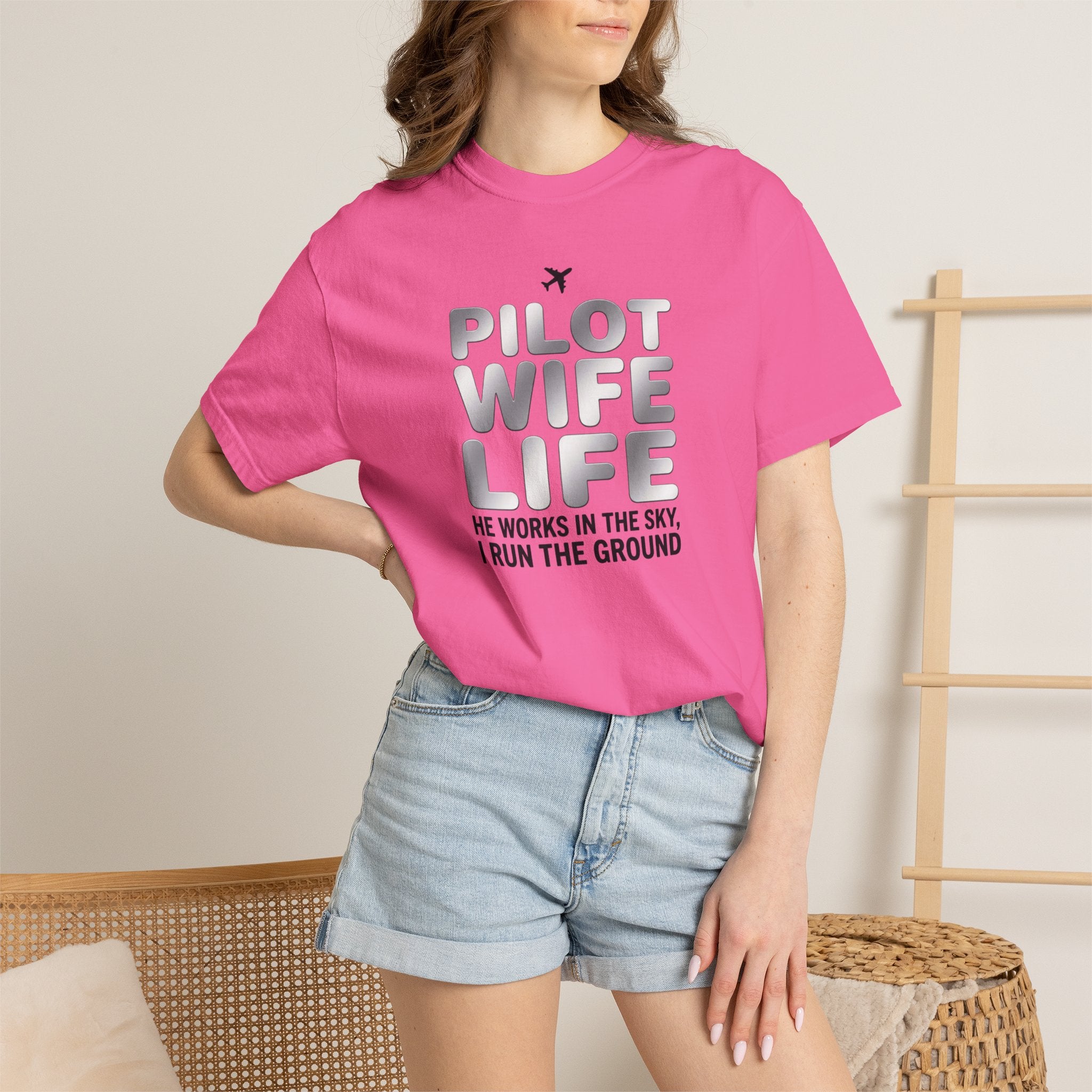 Pilot Wife Life T-Shirt — "He Works in the Sky, I Run the Ground"