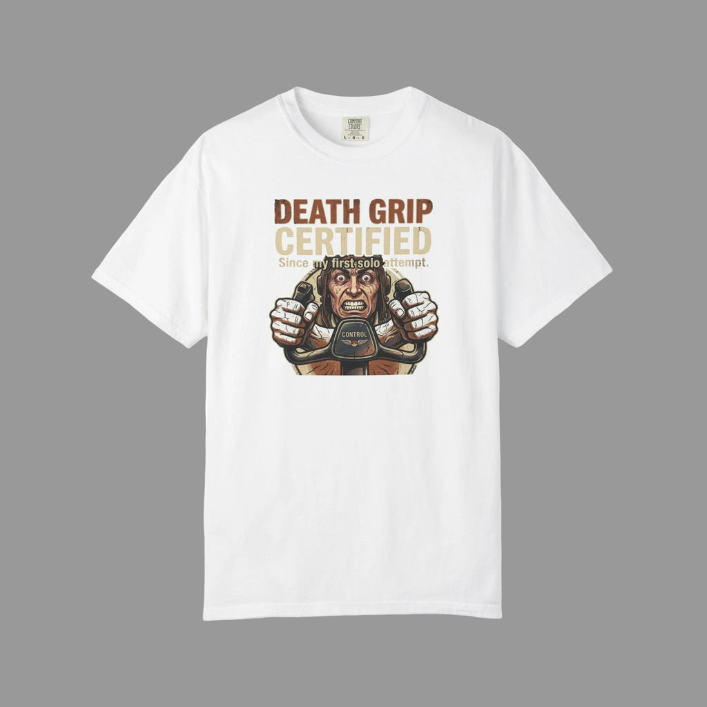 White t-shirt with silly crazy pilot graphic on a dark background