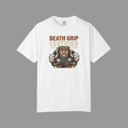 White t-shirt with silly crazy pilot graphic on a dark background