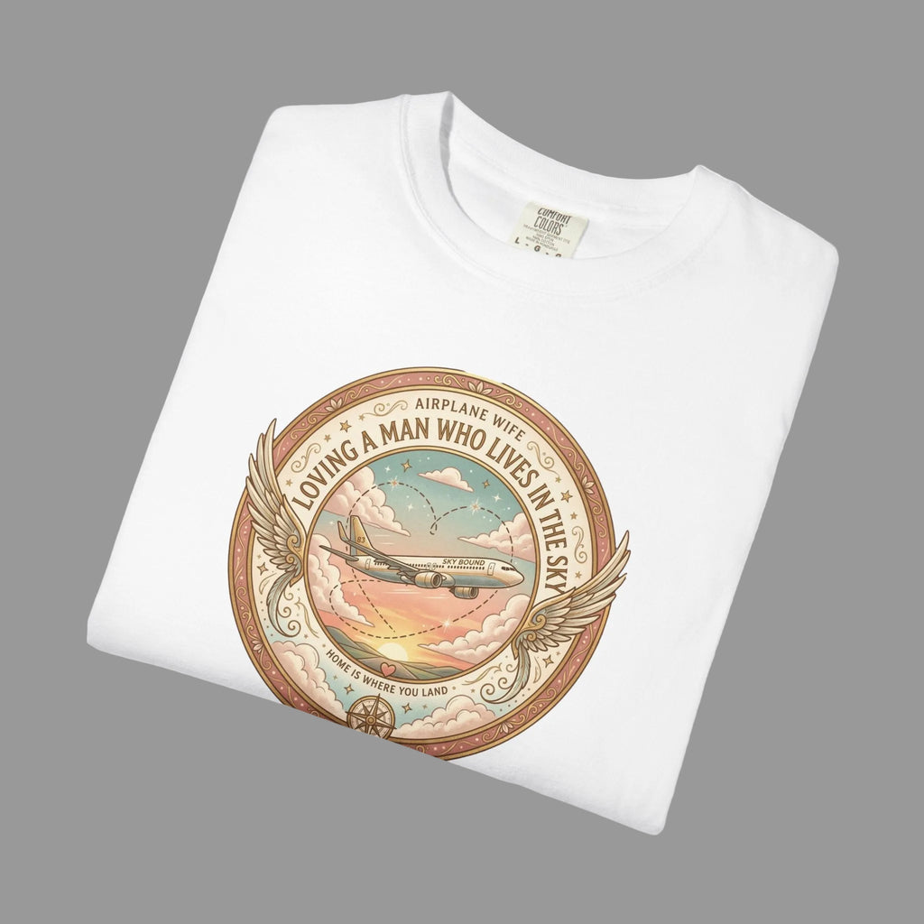 White t-shirt with airplane wife graphic and text on a dark background