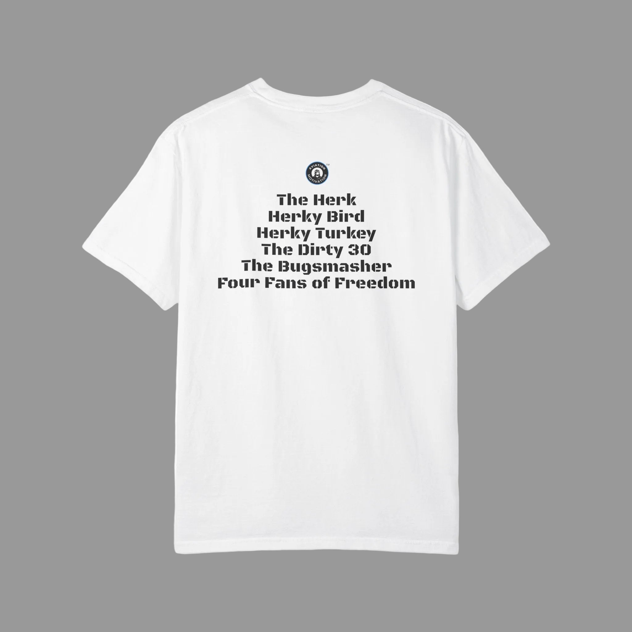 White t-shirt with Aviation Motivation logo and black text on a grey background
