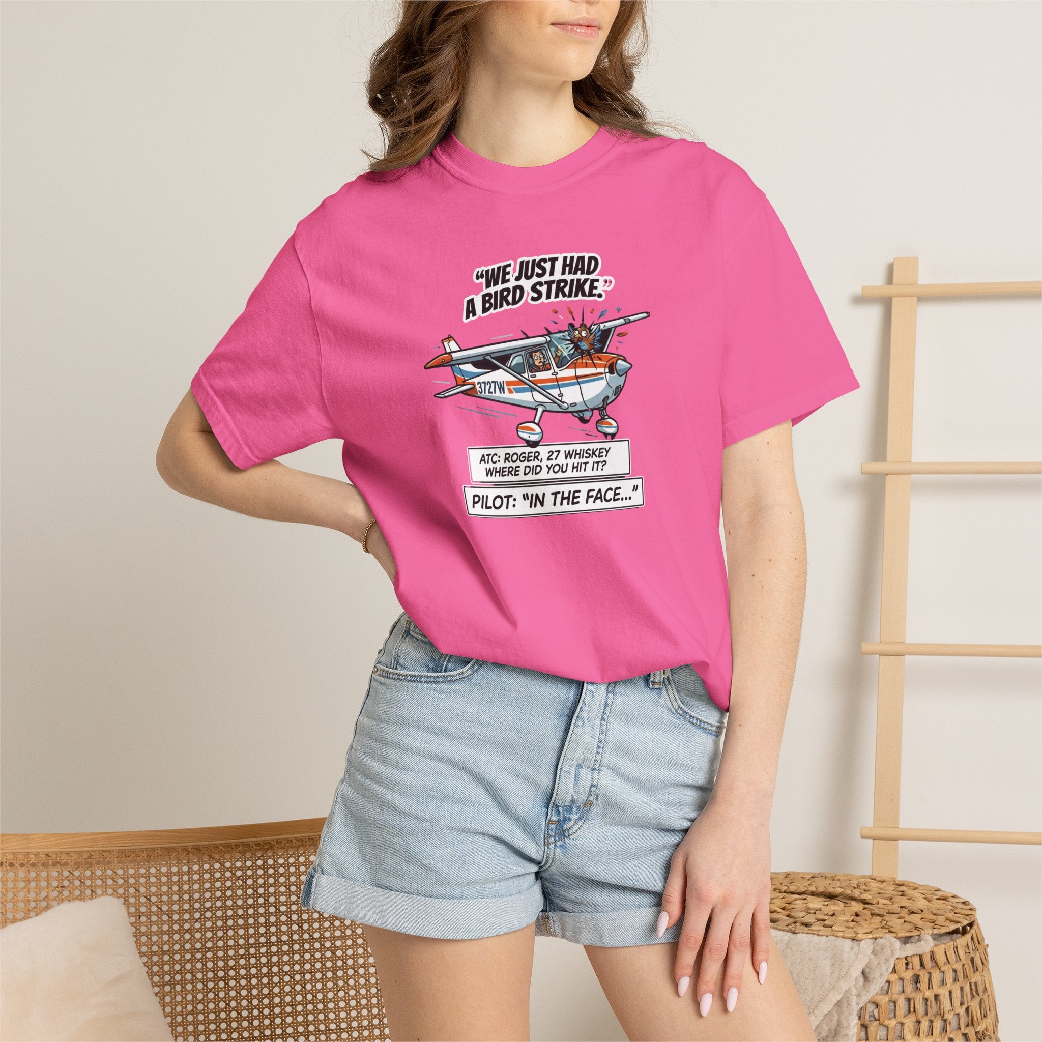 Pilot Bird Strike Comic T-Shirt — Funny Aviation Joke Tee