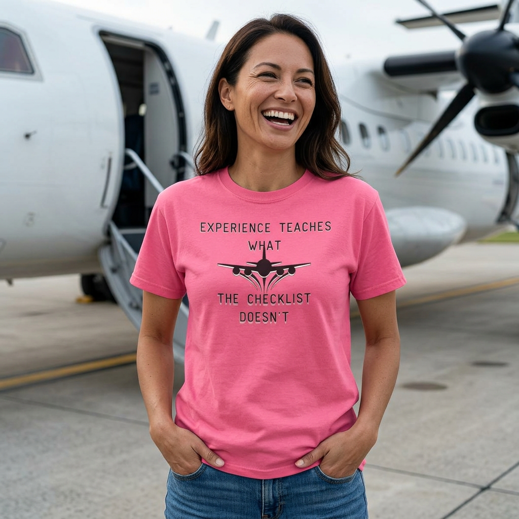Woman wearing a pink t-shirt with an airplane graphic and text, standing in front of a propeller airplane.