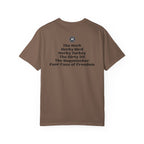 Brown t-shirt with nicknames of the C-130 Hercules military airplane on the back against a white background