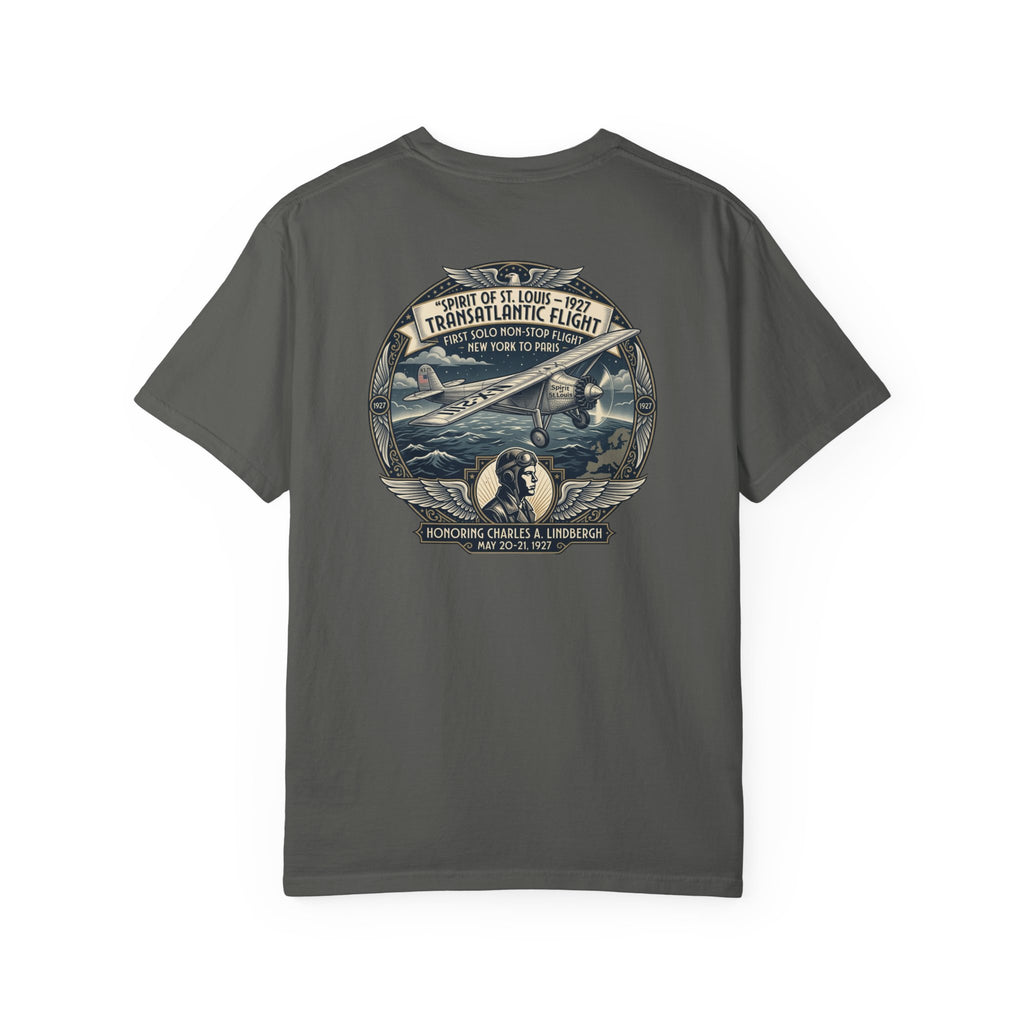 Back design of Charles Lindbergh Signature Series aviation t-shirt by Aviation Motivation