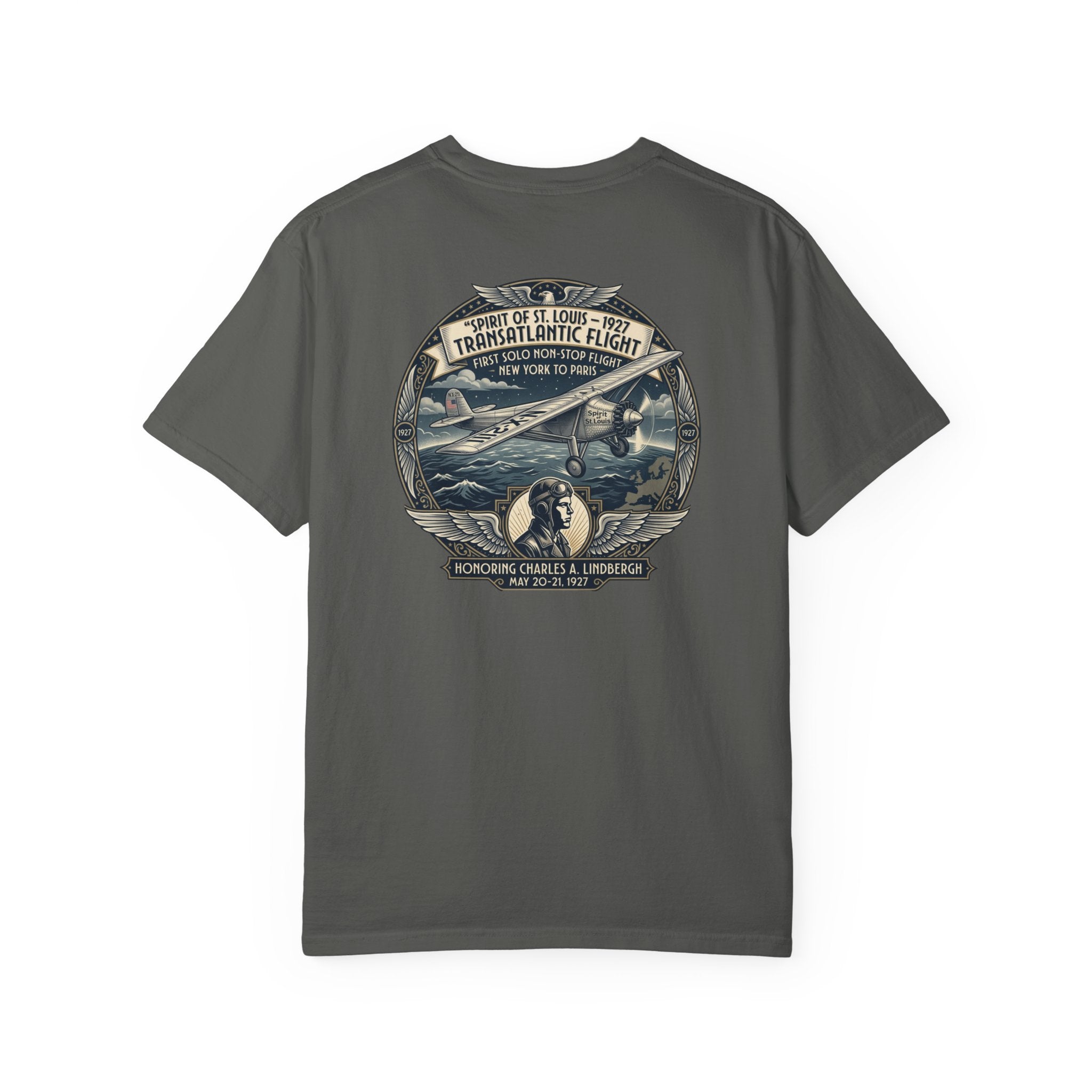 Back design of Charles Lindbergh Signature Series aviation t-shirt by Aviation Motivation